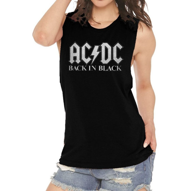 AC/DC Back in Black Women's Sleeveless Muscle Fashion T-shirt - on model