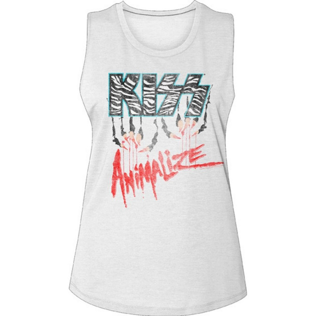 KISS Animalize Album Cover Logo Women's White Vintage Fashion Sleeveless Muscle Tank Top T-shirt