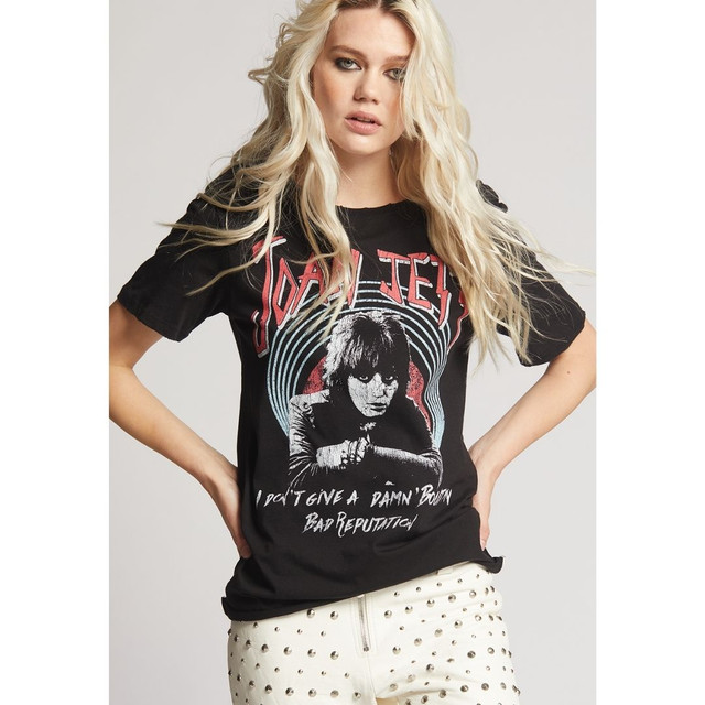 Joan Jett Classic Photograph I Don't Give a Damn About My Bad Reputation Song Lyric Women's Black Vintage Fashion T-shirt by Recycled Karma - front 1 Joan Jett Classic Photograph I Don't Give a Damn About My Bad Reputation Song Lyric Women's Black Vintage Fashion T-shirt by Recycled Karma - front 1