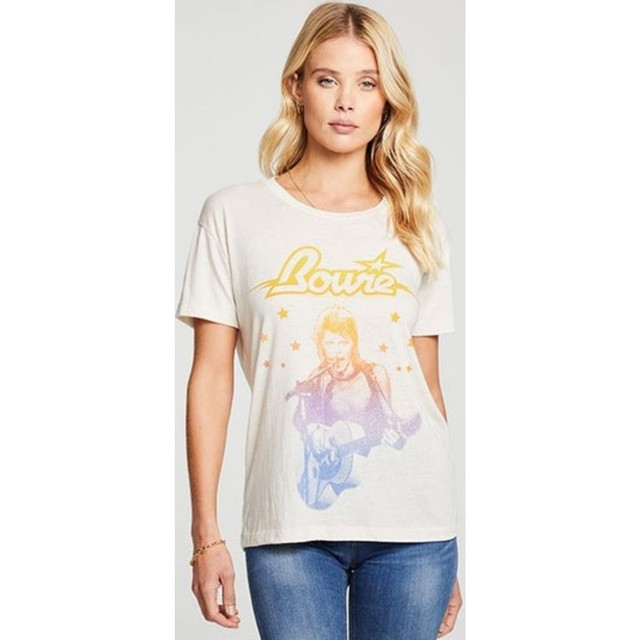 David Bowie Image with Stars Women's White Vintage Fashion T-shirt by Chaser - front 1