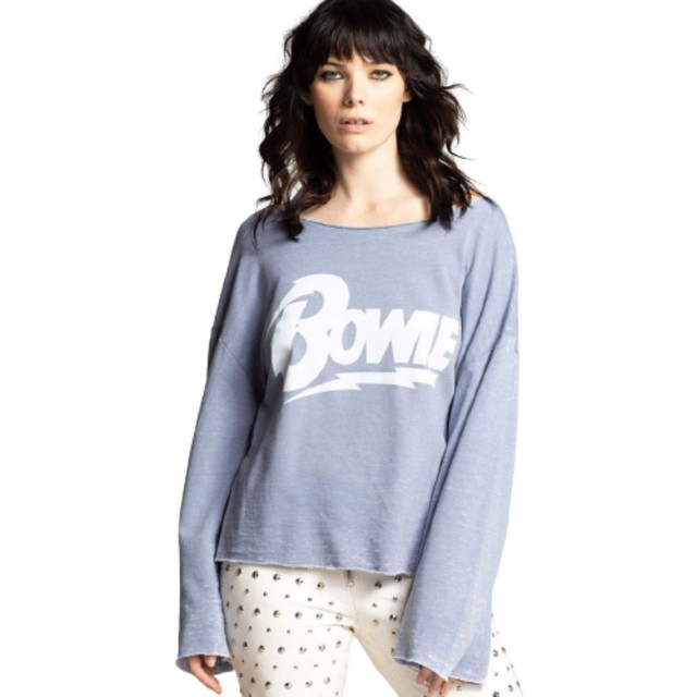 David Bowie Name and Lightning Bolt Logo Women's Blue Vintage Fashion Bell Sleeve Sweatshirt by Recycled Karma - front 1