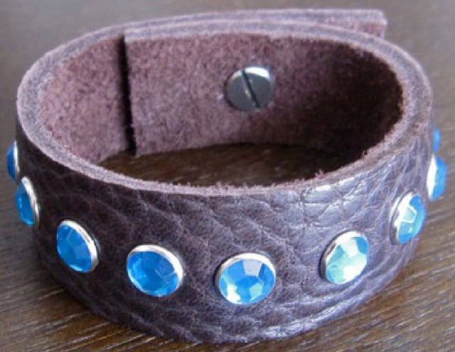 Rocker Rags Chocolate Brown Leather Cuff Bracelet with Small Blue Crystals