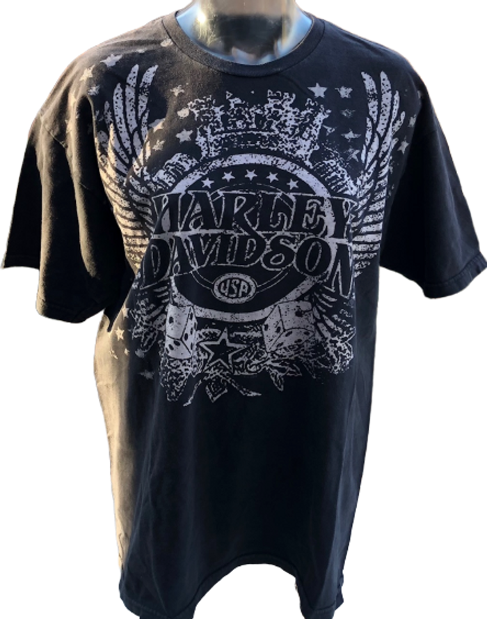 Harley Davidson Motorcycle Logo and Alef's Harley Davidson Dealership Name Black Vintage Unisex Re-Purposed Fashion T-shirt by Trendy and Tipsy - front