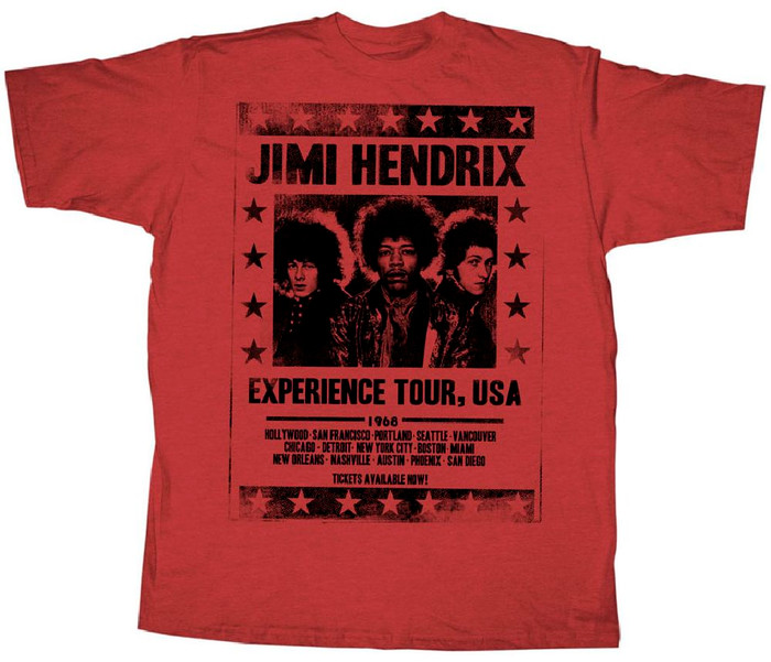 Jimi Hendrix Concert Tshirt 1968 Experience Tour USA. Men's Red Vintage Shirt Rocker Rags Jimi Hendrix Concert Tshirt 1968 Experience Tour USA. Men's Red Vintage Shirt Rocker Rags