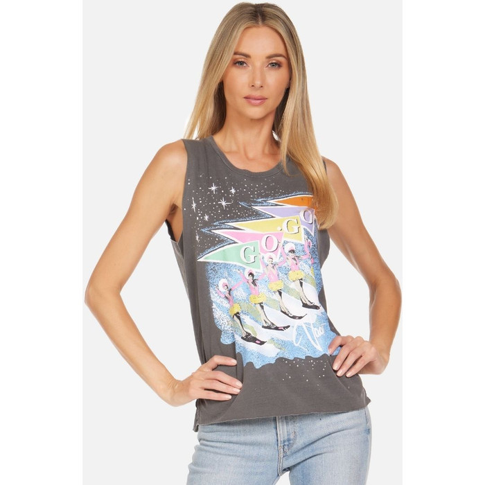 The Go-Go's Vacation Tour Women's Gray Vintage Sleeveless Muscle Tank Top Fashion Concert T-shirt by Lauren Moshi - front 1