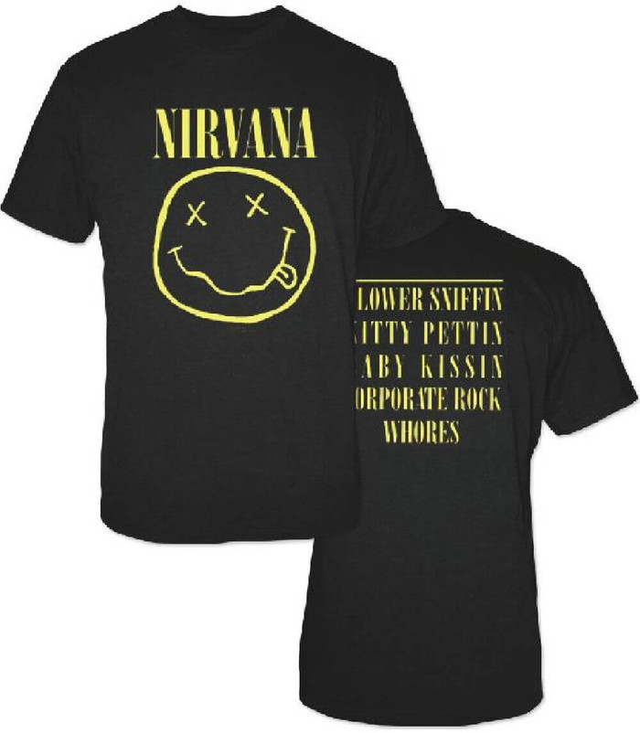 Nirvana Smiley Face Logo & Corporate Rock Whores Quote Men's T-shirt | Rocker Rags