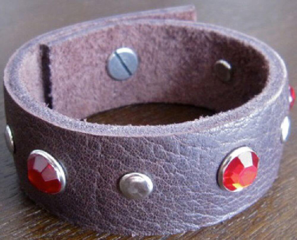 Leather Bracelet Brown Leather Cuff with Large Blue Crystals Rocker