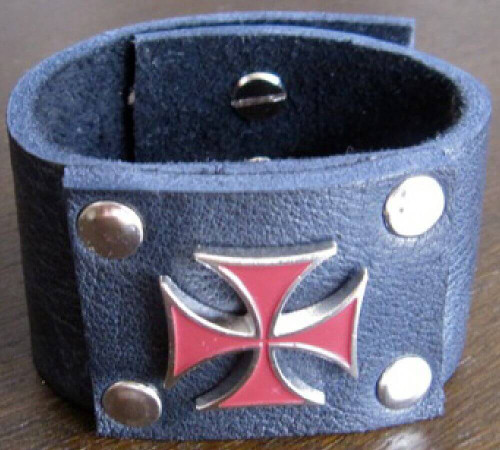 Leather Cuff - Black Leather Bracelet with Red Metal Iron Cross