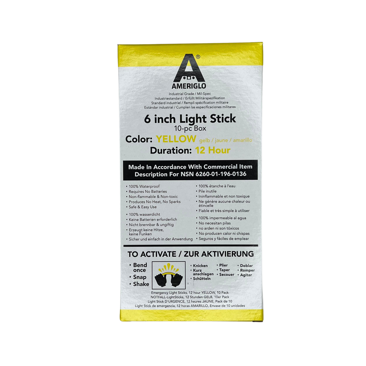 6 Industrial Grade Yellow Light Sticks - 12 Hour