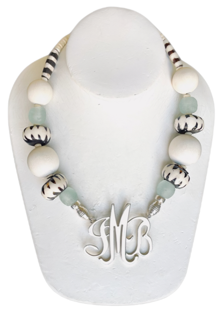 White, Batik & Aqua Recycled Glass Necklace