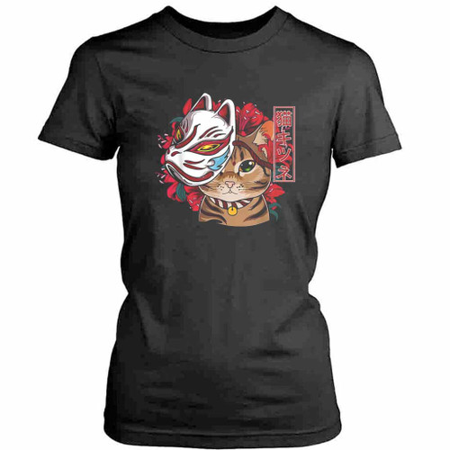Cat Wearing Kitsune Mask Womens T-Shirt Tee