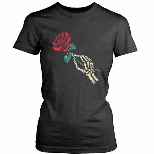 Skeleton Holding Rose Full Color Womens T-Shirt Tee