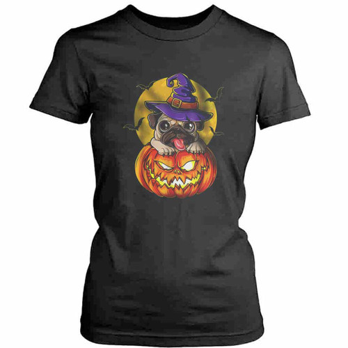 Pug Witch Pumpkin Halloween Womens T-Shirt Tee