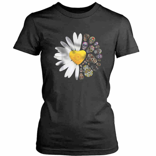 Sugar Skull Daisy Flower Halloween Womens T-Shirt Tee