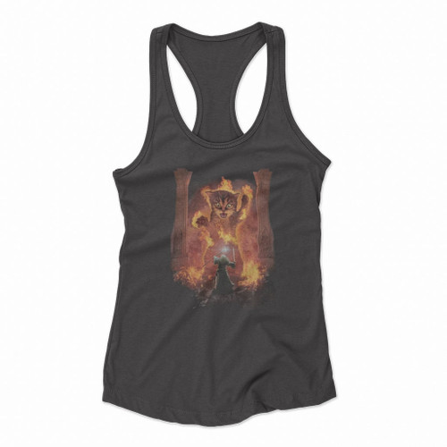 Cats Kittens Kitty You Shall Not Pass Fire Flames Gandalf Catdalf Women Racerback Tank Tops