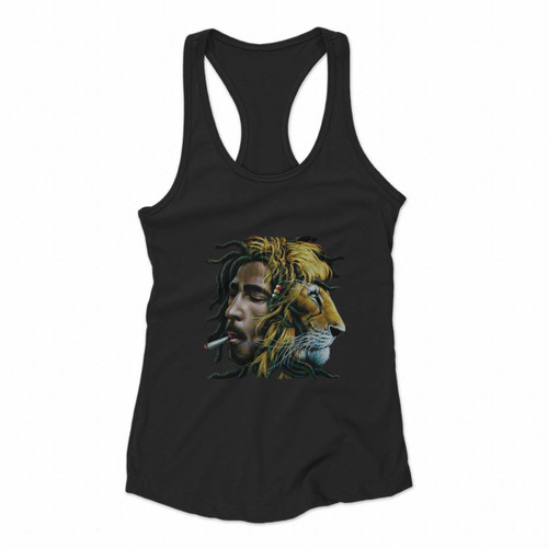 Bob Marley Somking With Rasta Lion Women Racerback Tank Tops