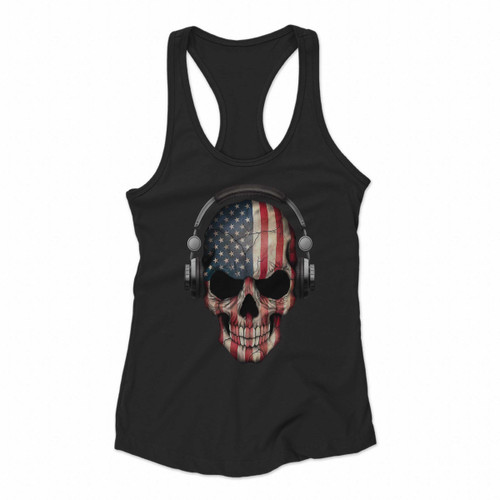 Dj Skull With American Flag Women Racerback Tank Tops