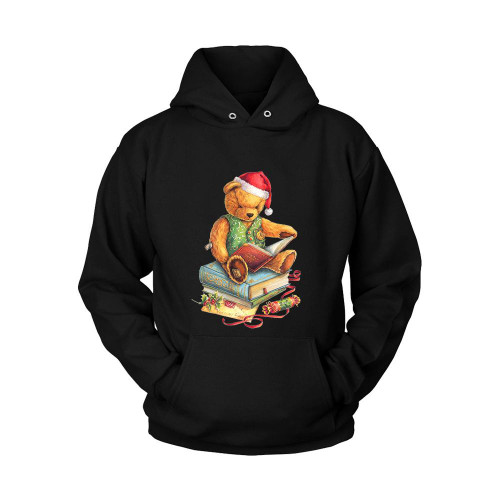 Christmas Teddy Bear With Santa Hat And Books Unisex Hoodie