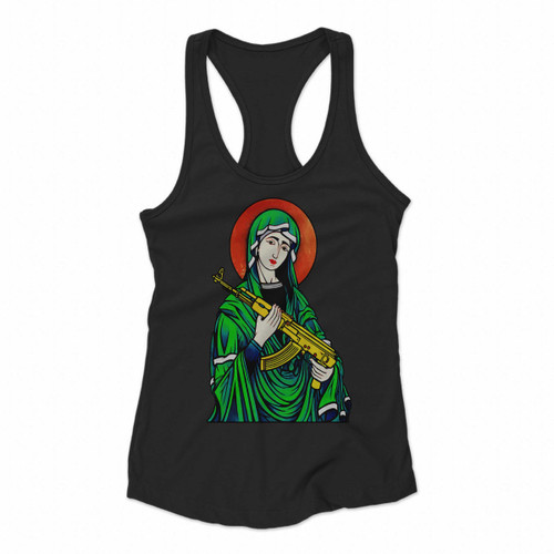 Blessed Virgin Mary Madonna Kalashnikov Women Racerback Tank Tops