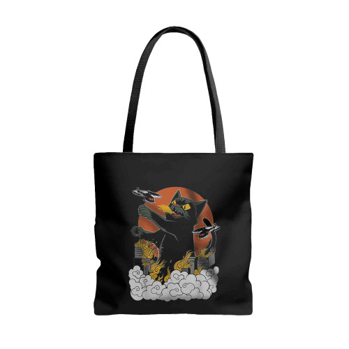 Japanese Sunset Catzilla Tote Bags