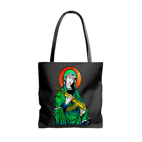 Blessed Virgin Mary Madonna Kalashnikov Tote Bags