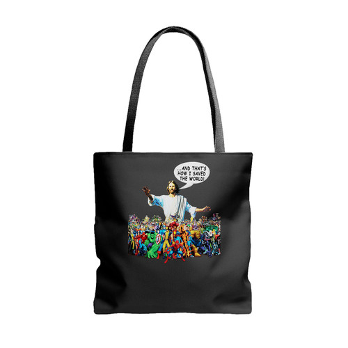 Jesus And Marvel Universe Save The World Tote Bags