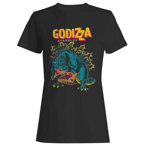 Japanese T Rex Godzilla Monster Eat Pizza Women's T-Shirt Tee