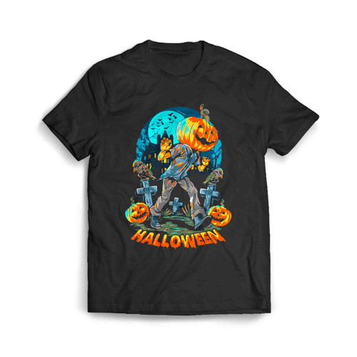 A Pumpkin-Headed Human Walks On A Lonely And Dark Street Near A Haunted Empty House Men's T-Shirt