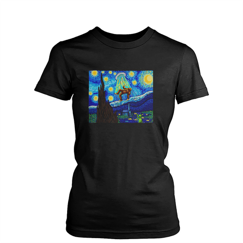 Funny Bigfoot Starry Night Van Gogh Womens T-Shirt Tee