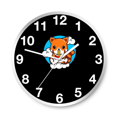 Red Panda Sitting On A Cloud And Eating Ramen  Wall Clocks