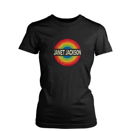 Janet Name Retro Rainbow Circle Distressed  Womens T-Shirt Tee
