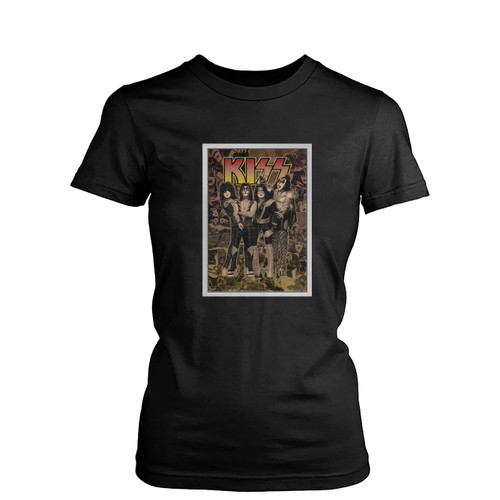 Kiss White Wood Framed Band  Womens T-Shirt Tee