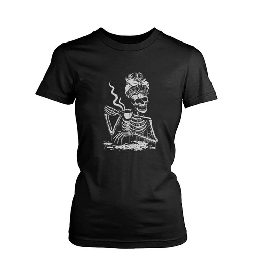 Skeleton Coffee Messy Bun  Womens T-Shirt Tee