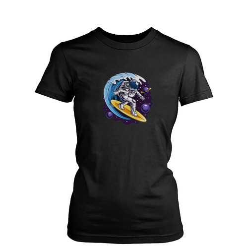Wave Surfing In Space Funny Astronaut  Womens T-Shirt Tee