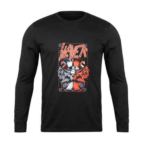 Slayer Grey And Red Iron Cross Skull Long Sleeve T-Shirt Tee