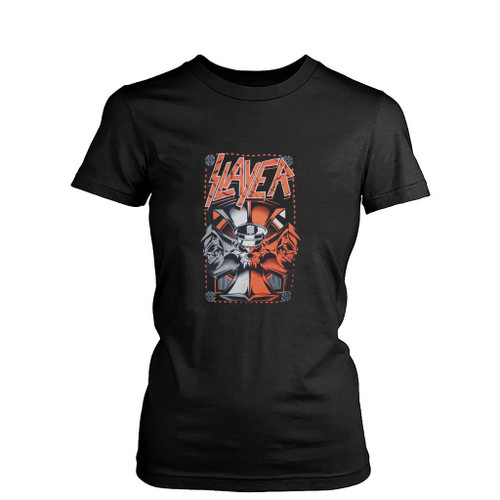 Slayer Grey And Red Iron Cross Skull Womens T-Shirt Tee