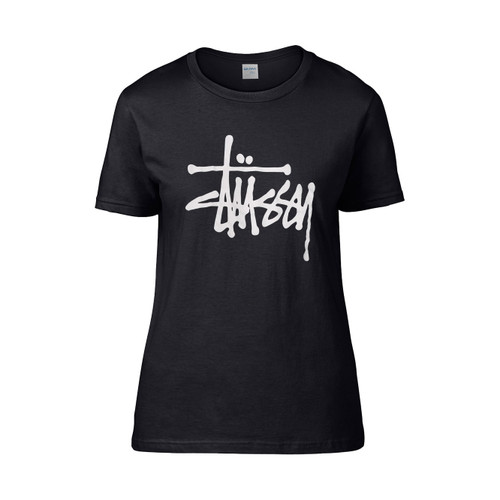 Stussy Black With Classic Logo  Women's T-Shirt Tee
