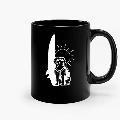 Surfing Dog White On Black Ceramic Mugs