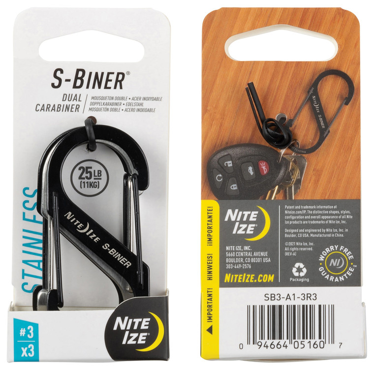 Nite Ize S-biner Dual Carabiner Stainless Steel #3 | 3 Pack | Black/Stainless