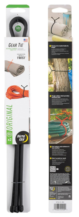 NITE IZE  GEAR TIE REUSABLE RUBBER TWIST TIE 32" | 2 PACK | BLACK