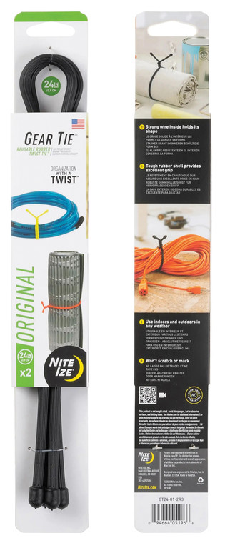NITE IZE GEAR TIE REUSABLE RUBBER TWIST TIE 24 IN-2 PACK-BLACK