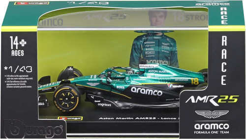 Bburago 1:43 F1 2025 Aston Martin #18 Lance Stroll with Helmet & Showcase Diecast Model