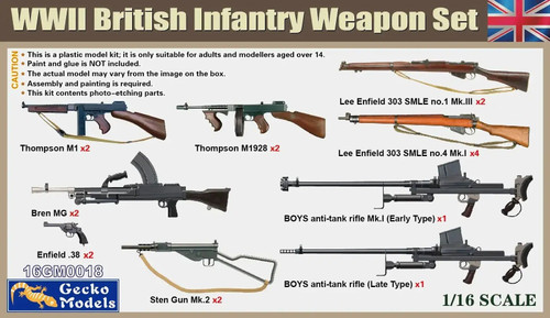 Gecko Models 1:16  WWII British Infantry Weapon & Accessories Set Plastic Model Kit
