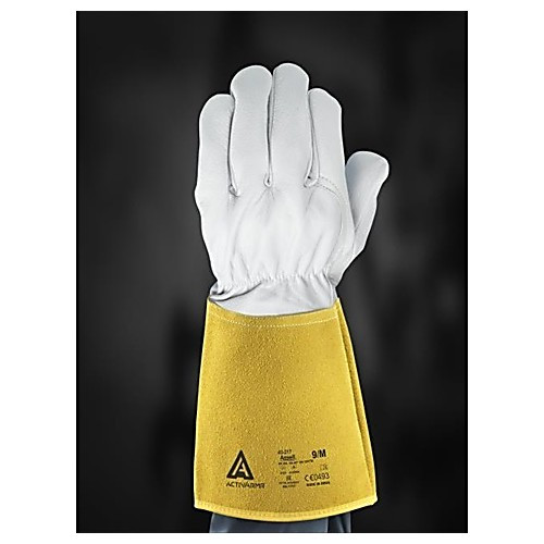 activarmr 43-217, light duty/higher-precision welding, goat skin leather glove, cowhide splits leather liner, warm grey glove liner, yellow gold guantlet cuff, size 10 (c08-0204-365)