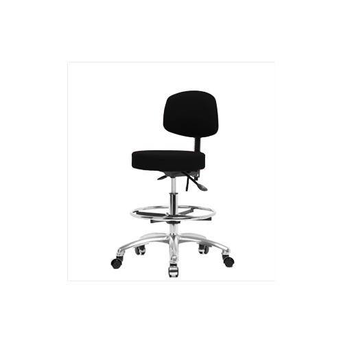 fabric medium bench height stool with back and chrome base, no tilt, chrome foot ring, chrome casters, blue