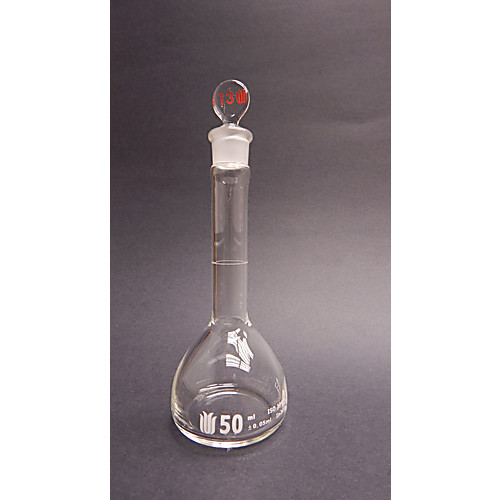 volumetric flask, heavy wall, 50ml, class a, #13 glass stopper, individually certified