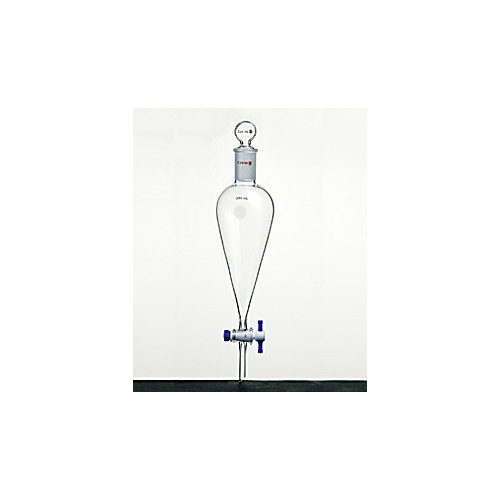 separatory funnel, ptfe stopcock, ptfe stopper, capacity: 500ml, stopper joint: no. 27, stopcock bore: 4mm