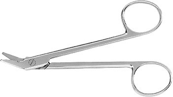 wire cutting scissors, angled to one side, one serrated blade, length: 4.75"