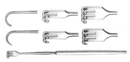rigid neck rake retractor, 2 blunt prongs, width: 5, length: 6