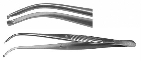iris tissue forceps, standard pattern, 1x2 teeth, half curve, delicate, length: 4